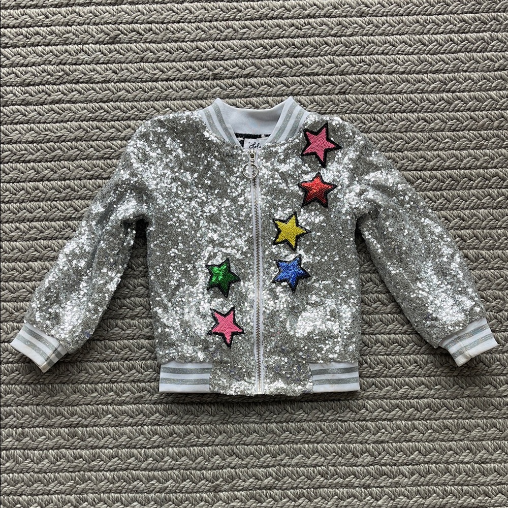 Lola + The Boys Silver Sequin Jacket with Colorful Stars